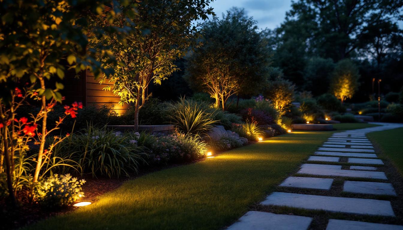 A photograph of a beautifully illuminated outdoor space featuring led puck lights highlighting landscaping