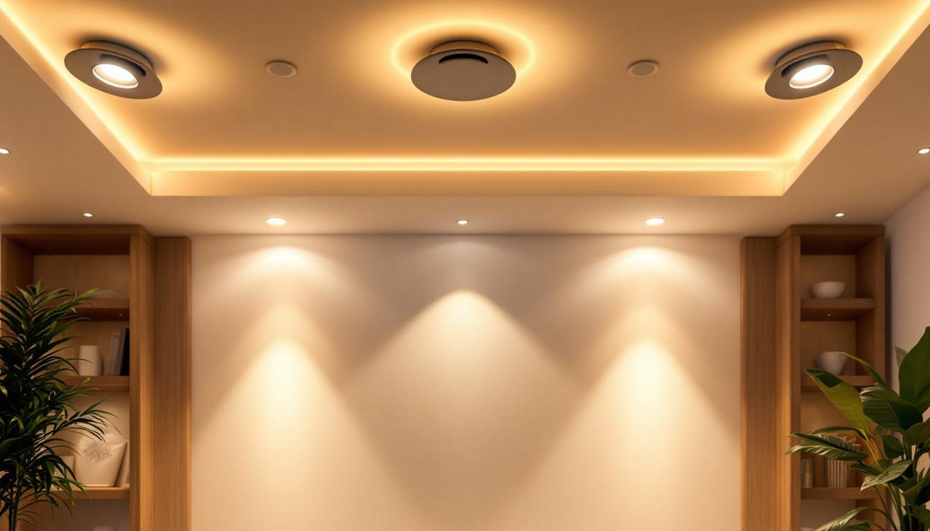 A photograph of a stylishly designed room featuring various recessed can lights in action