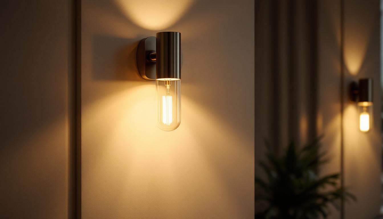 A photograph of a beautifully designed wall sconce illuminated in a stylish interior setting