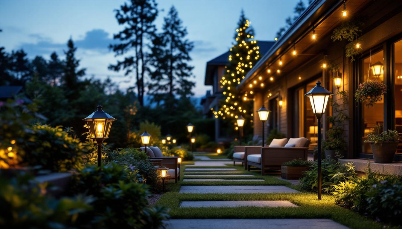 A photograph of a beautifully illuminated outdoor space featuring various styles of solar-powered lights in use