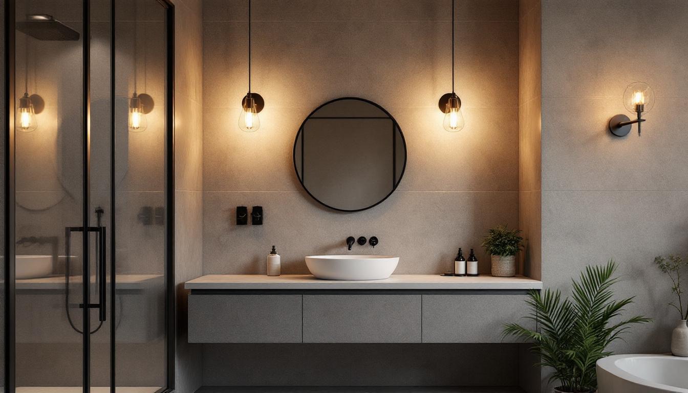 A photograph of a stylish bathroom featuring a blend of industrial and commercial lighting fixtures