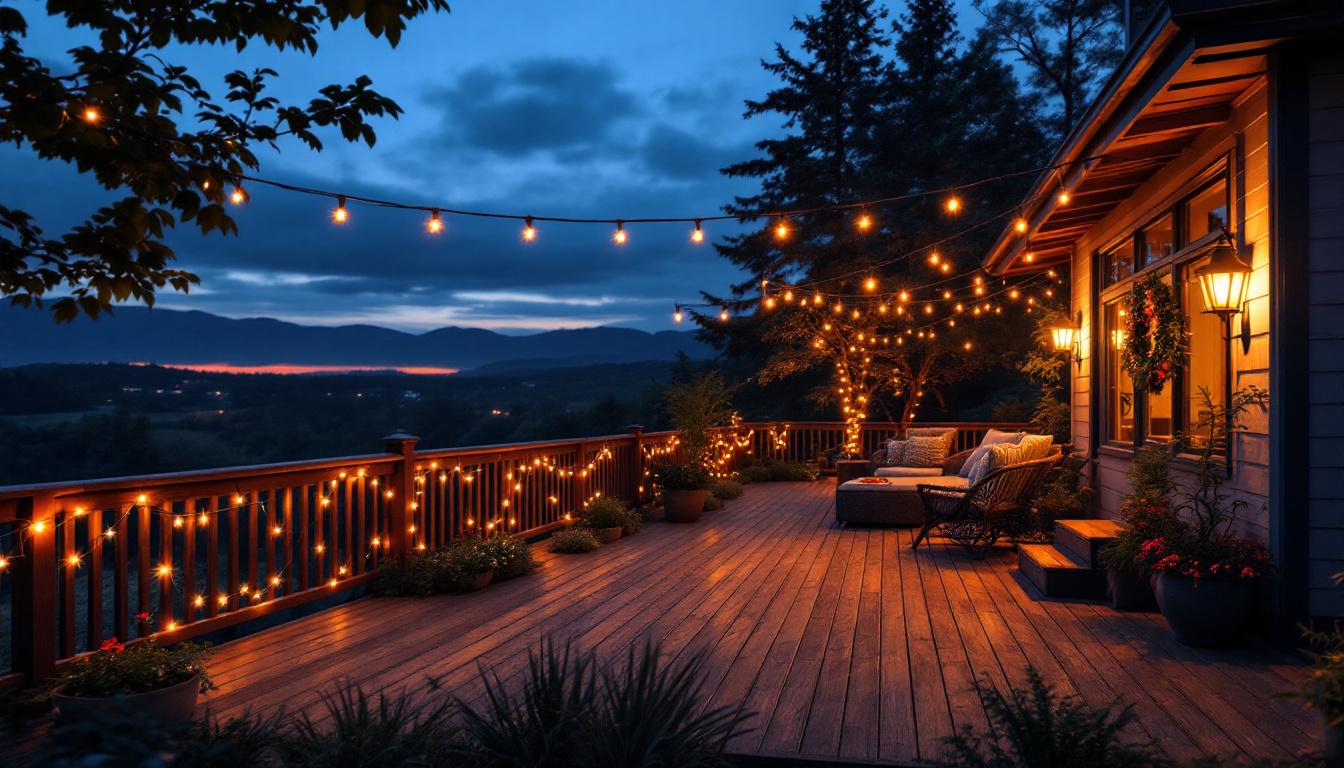 A photograph of a beautifully illuminated outdoor deck adorned with string lights at dusk