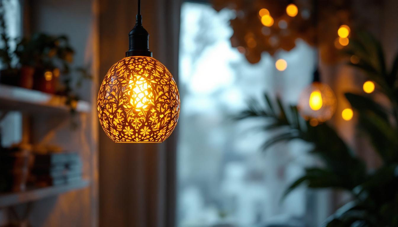 A photograph of a beautifully designed pendant lamp illuminated in a cozy setting