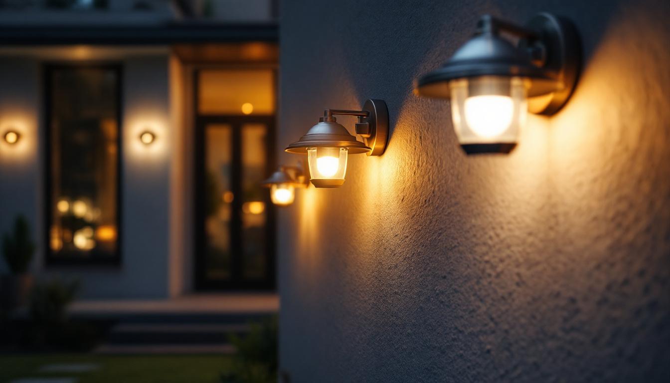 A photograph of a well-lit outdoor space featuring galvanized exterior lighting fixtures