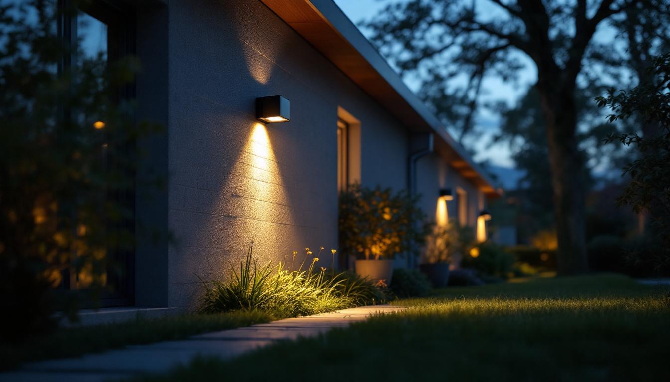 A photograph of a well-lit outdoor space featuring a yard motion sensor in action