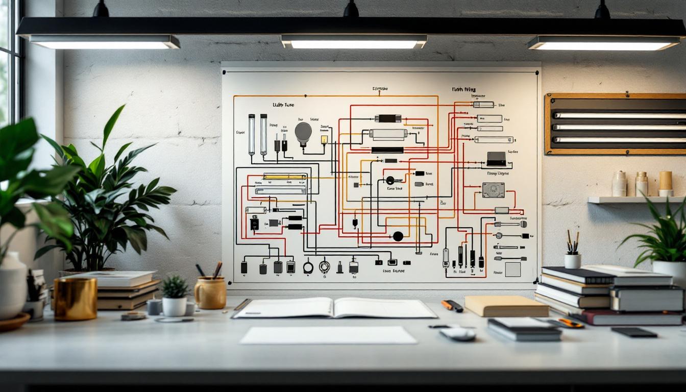 A photograph of a well-lit workspace featuring a detailed fluorescent tube wiring diagram alongside various types of light fixtures