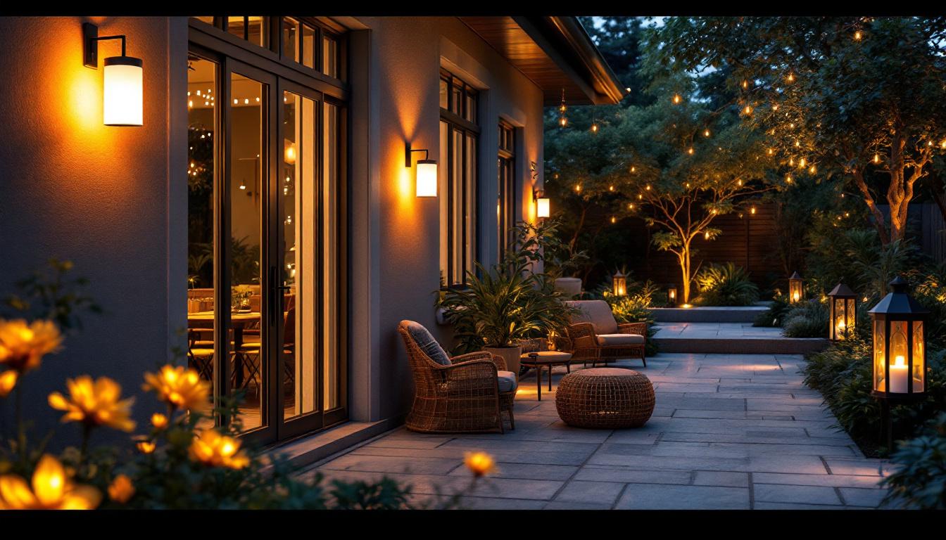 A photograph of a beautifully illuminated outdoor space featuring stylish led sconces