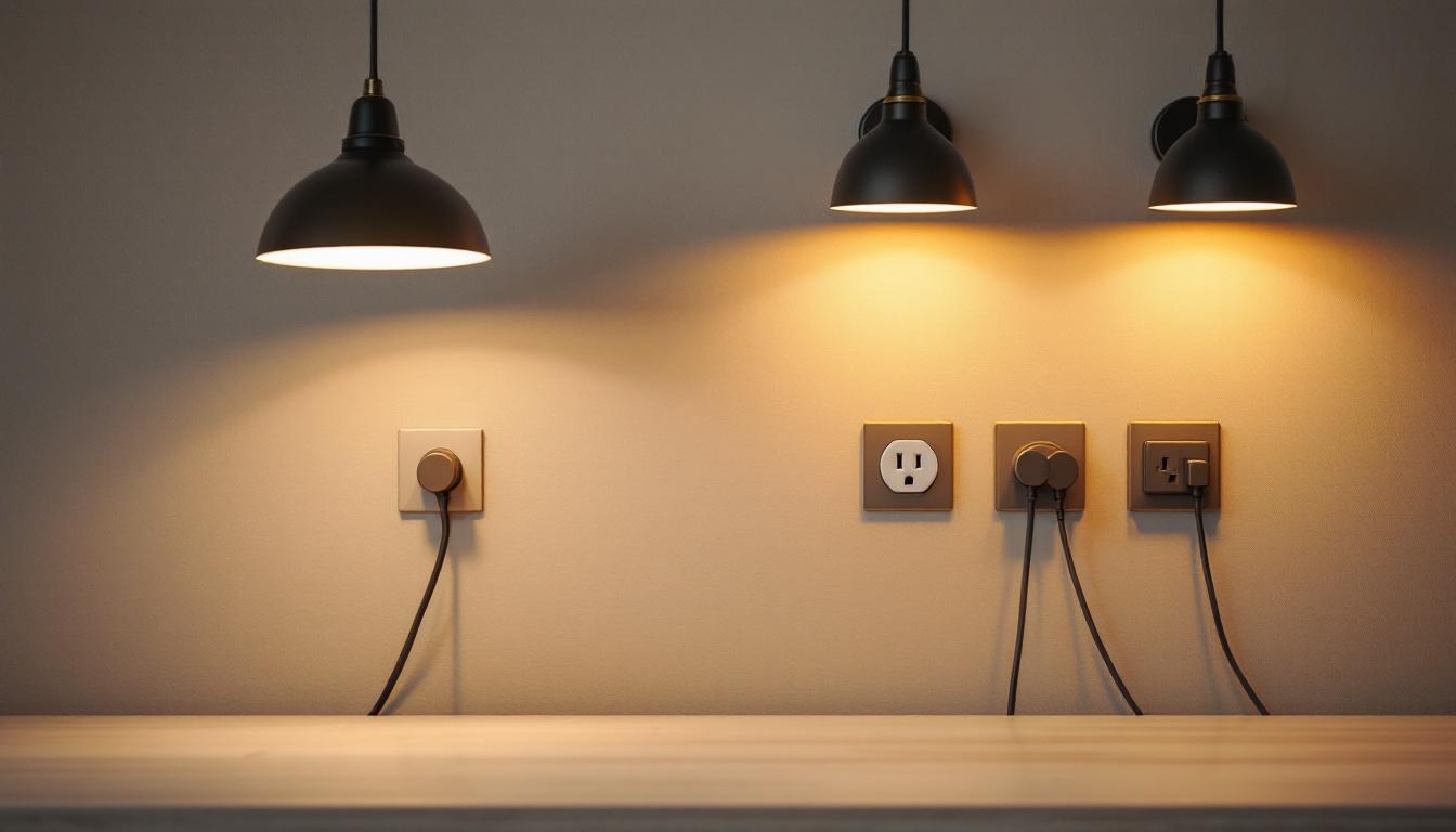 A photograph of a well-lit room showcasing various wire outlets integrated into stylish lighting fixtures