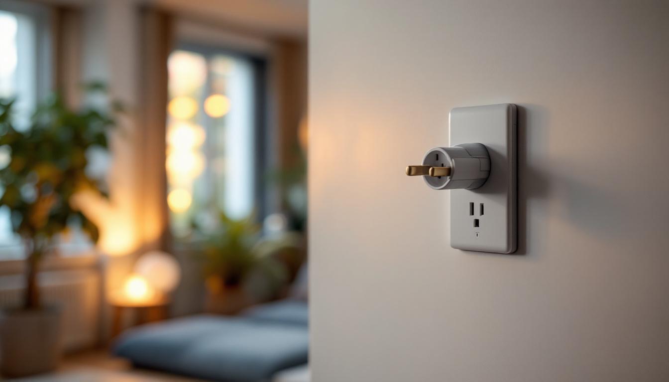 A photograph of a close-up shot of a stylish plug with an on/off switch