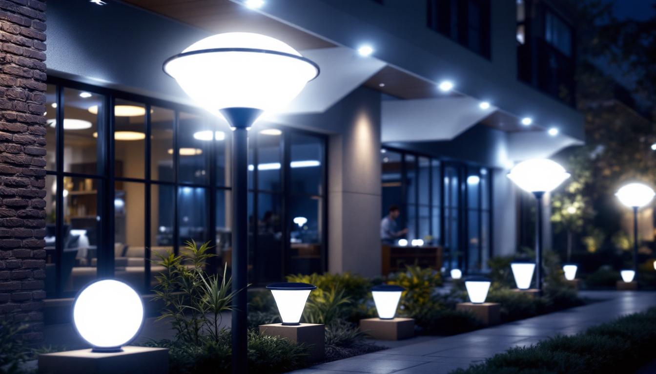 A photograph of capture a photograph of a well-lit commercial exterior showcasing various solar-powered lights in use