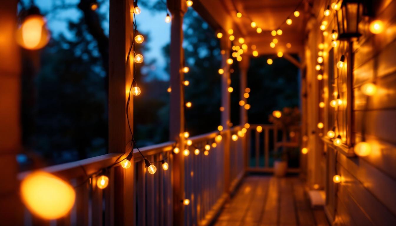 A photograph of a cozy porch illuminated by warm led lights at dusk