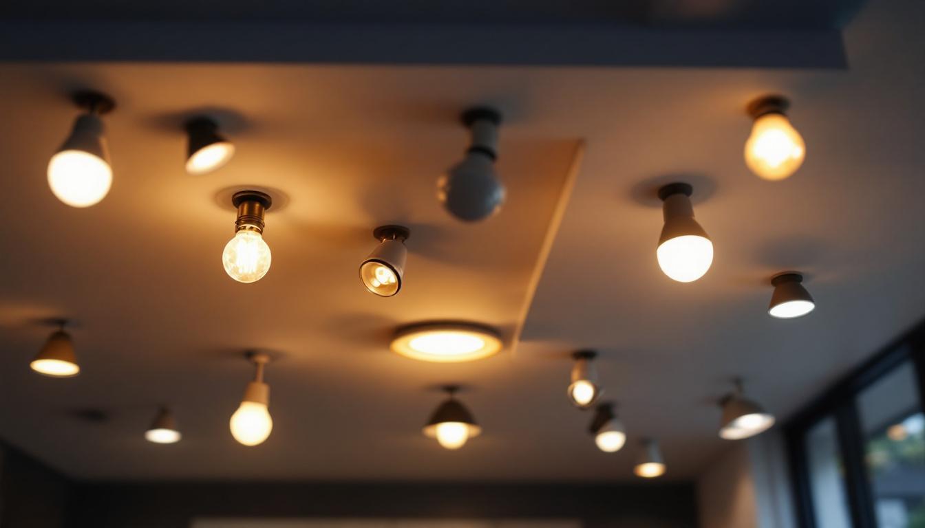 A photograph of a well-lit setting featuring various types of recessed bulbs installed in a modern ceiling