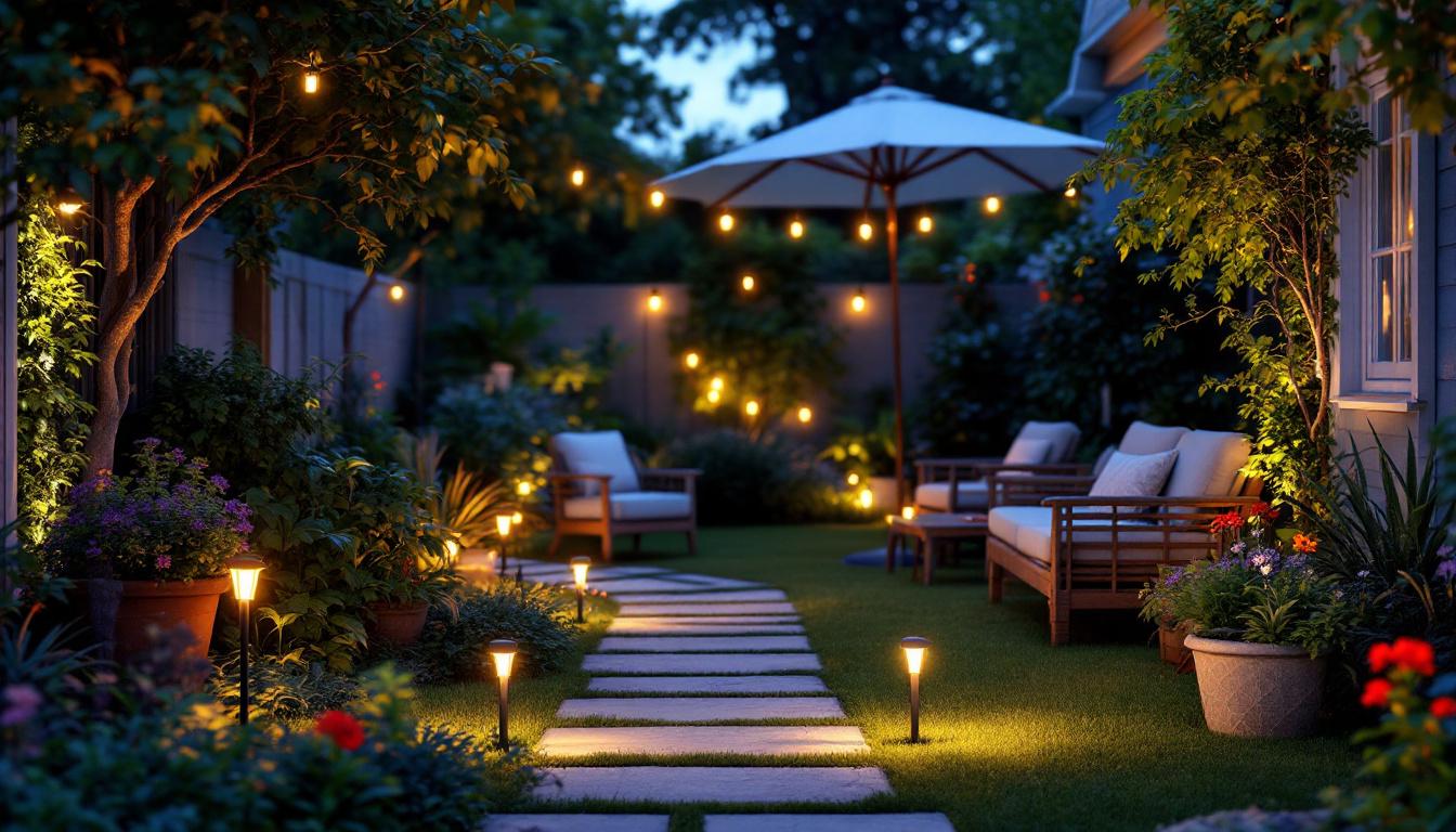A photograph of a vibrant outdoor scene showcasing various applications of led solar mini lights in action