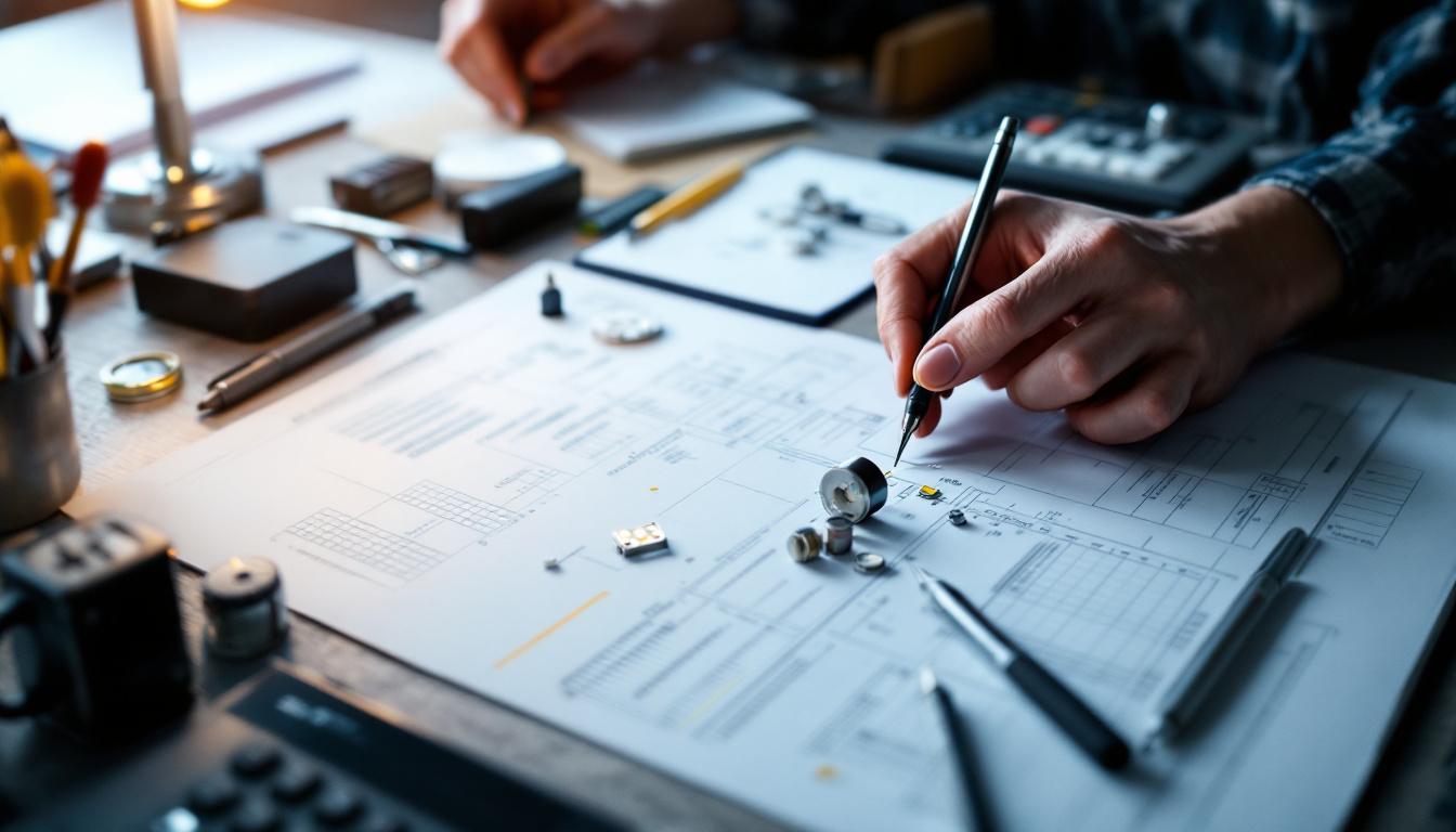 A photograph of a well-organized workspace featuring an electrical engineer's desk with a lamp kit