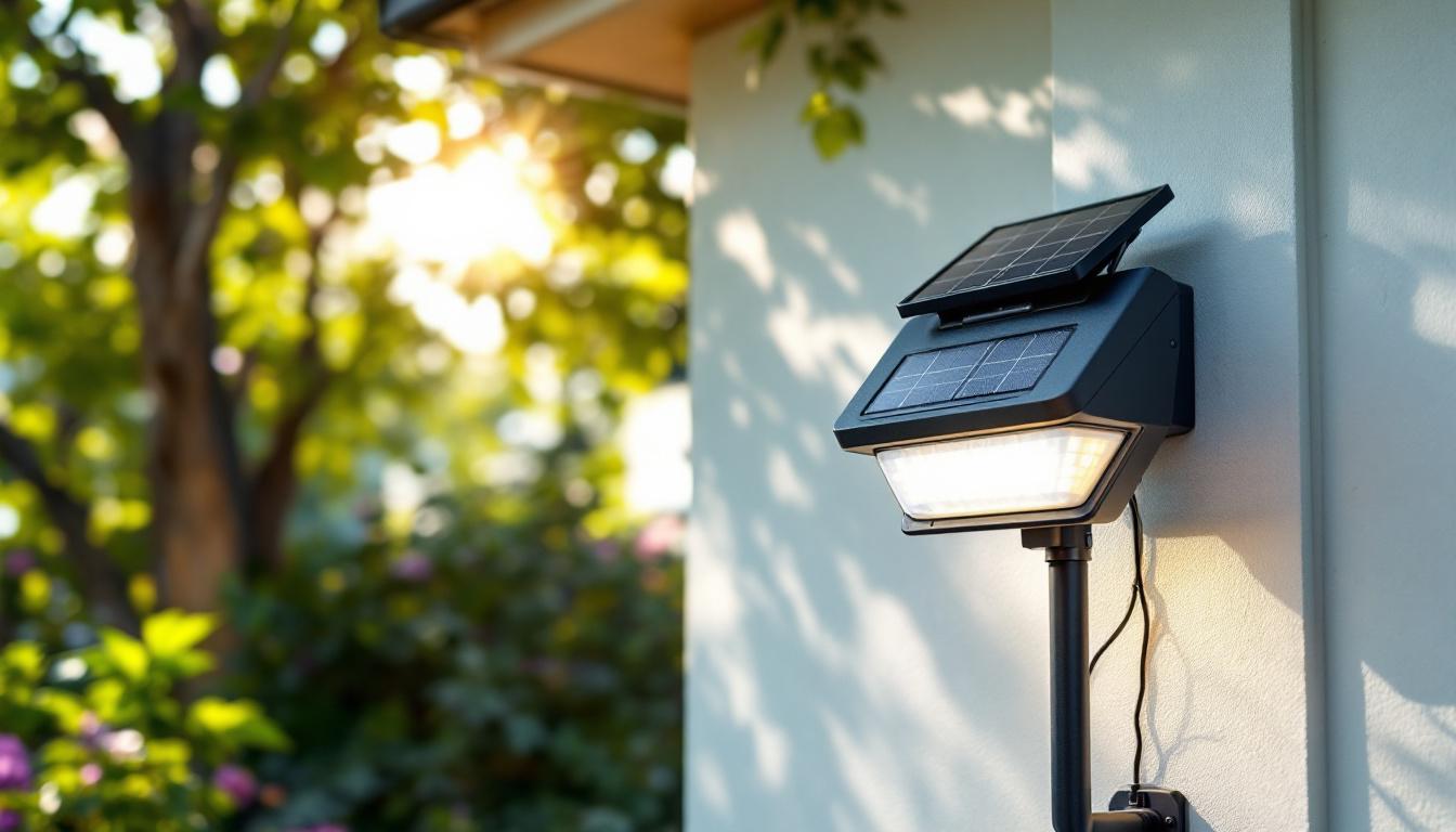 A photograph of a beautifully designed american-made solar light installed in a vibrant outdoor setting