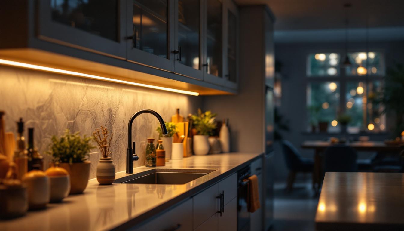 A photograph of a beautifully illuminated kitchen scene featuring under-cabinet led lights