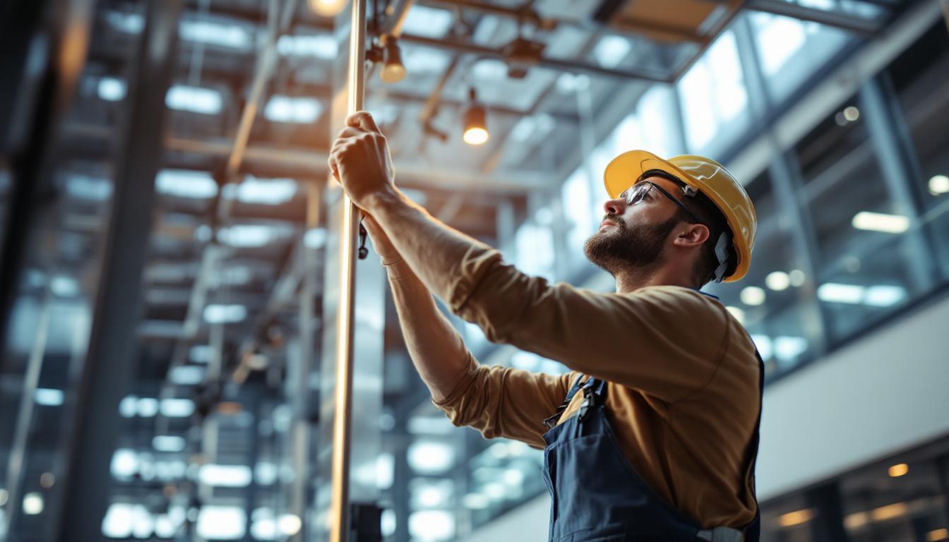 A photograph of a skilled technician inspecting and adjusting a complex architectural lighting system in a modern building