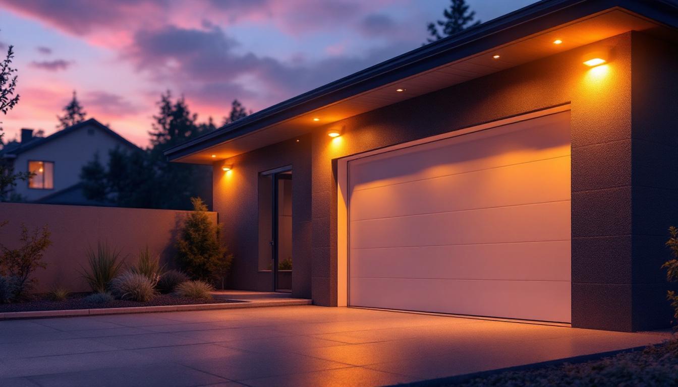 A photograph of a well-lit outdoor garage at dusk