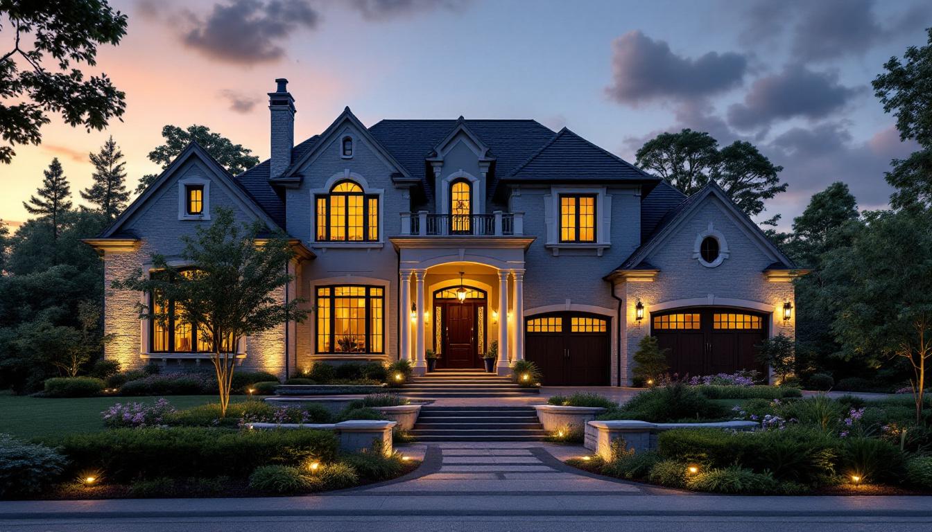 A photograph of a beautifully illuminated residential exterior at dusk
