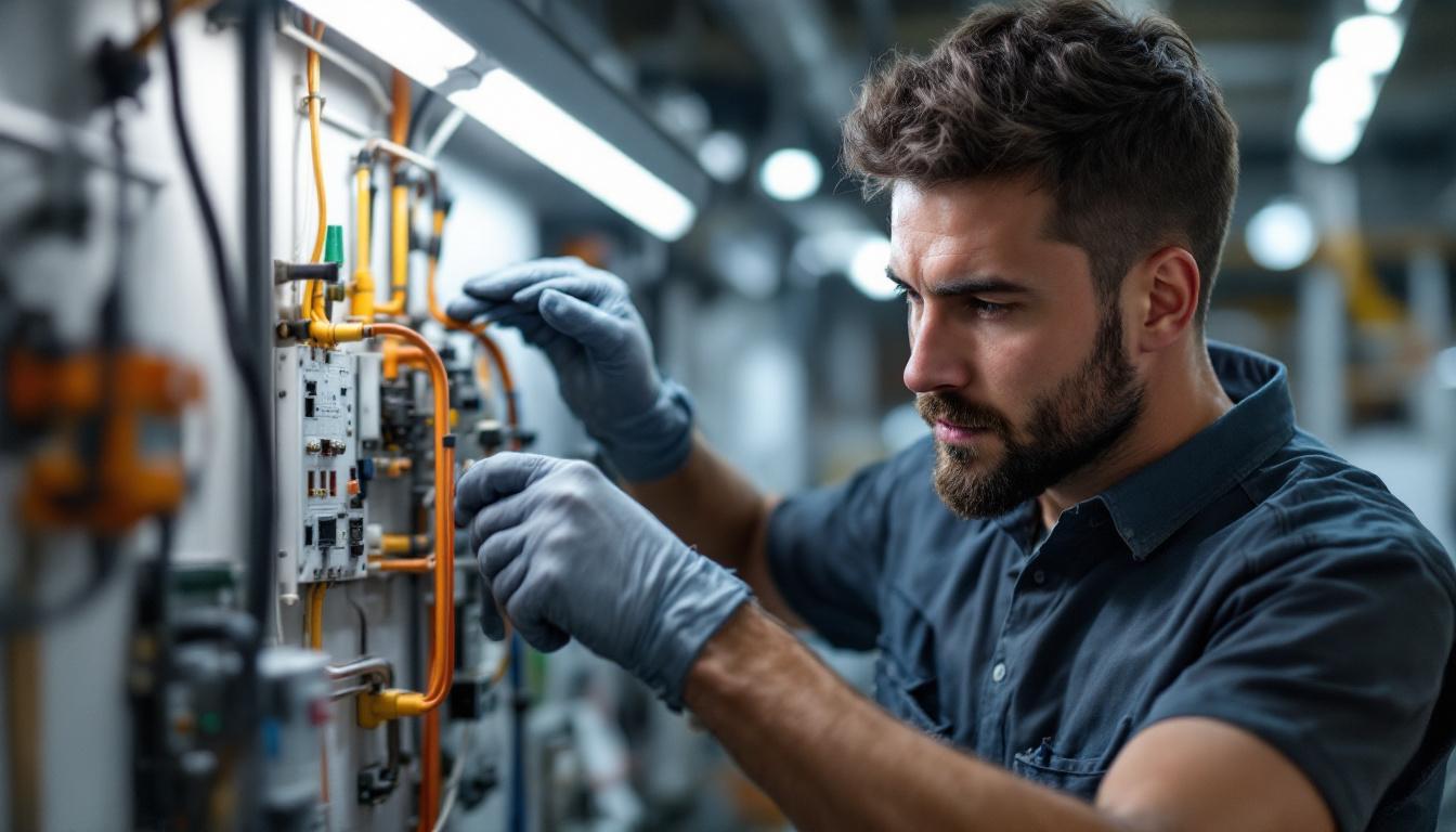 A photograph of a skilled electrical engineer carefully installing a light mount plate in a well-lit workspace