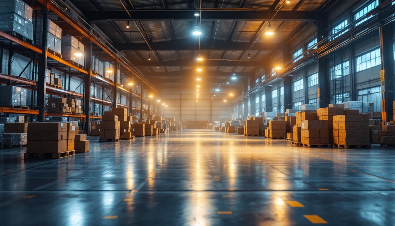 A photograph of a well-lit warehouse interior showcasing energy-efficient lighting solutions
