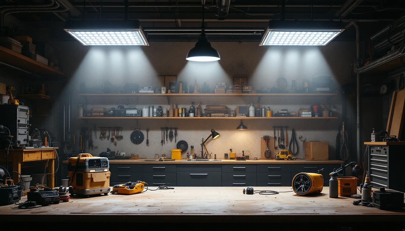 A photograph of a well-lit workshop or garage featuring multiple 4-foot led shop lights in action