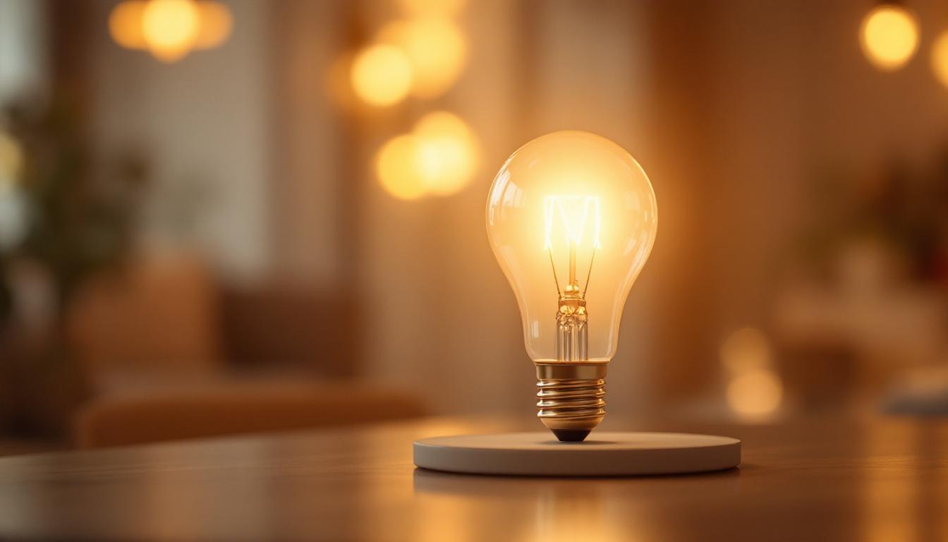 A photograph of a 60w type t bulb illuminated in a stylish setting