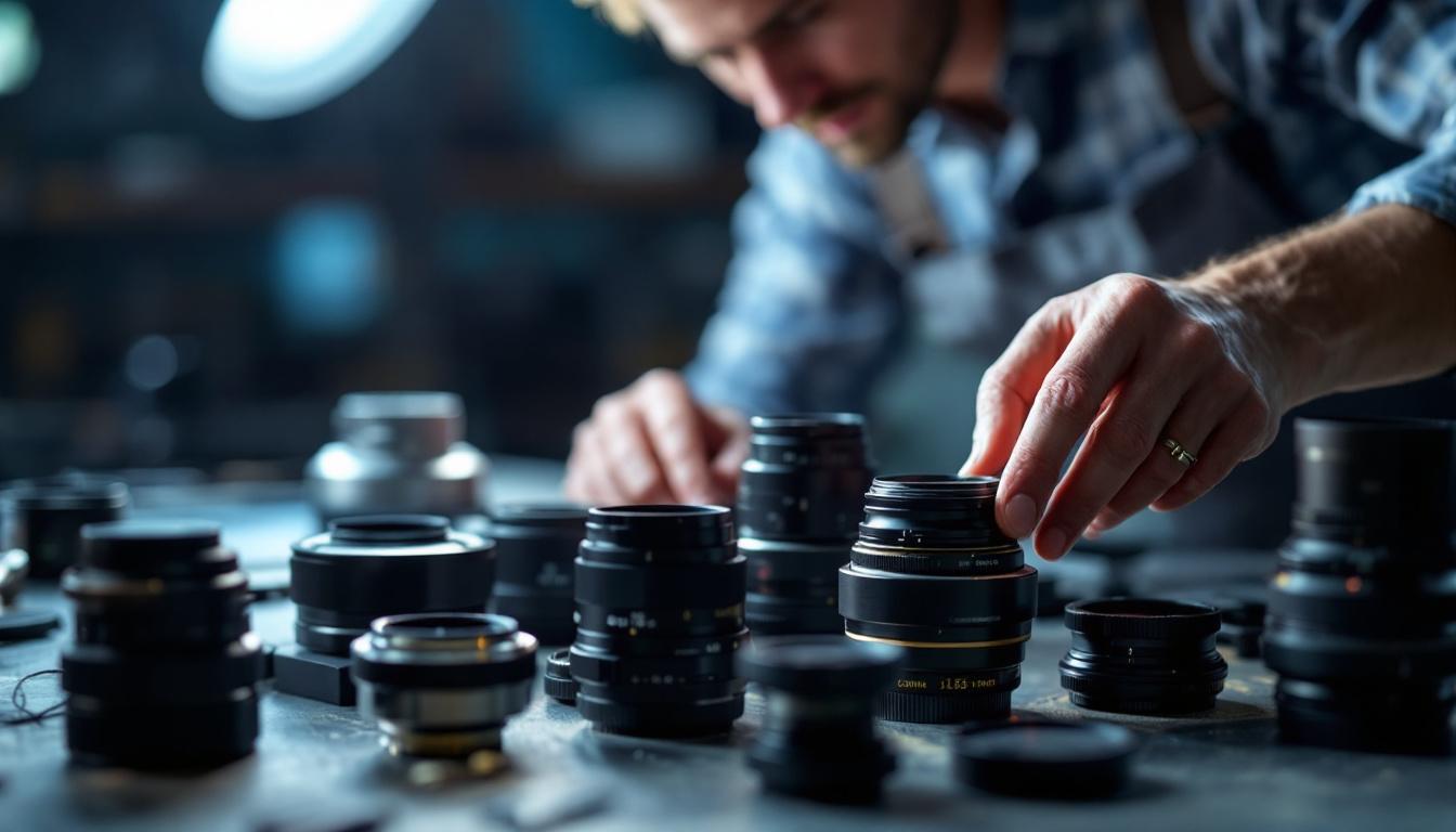 A photograph of a lighting engineer carefully examining a variety of lighting lenses on a workbench