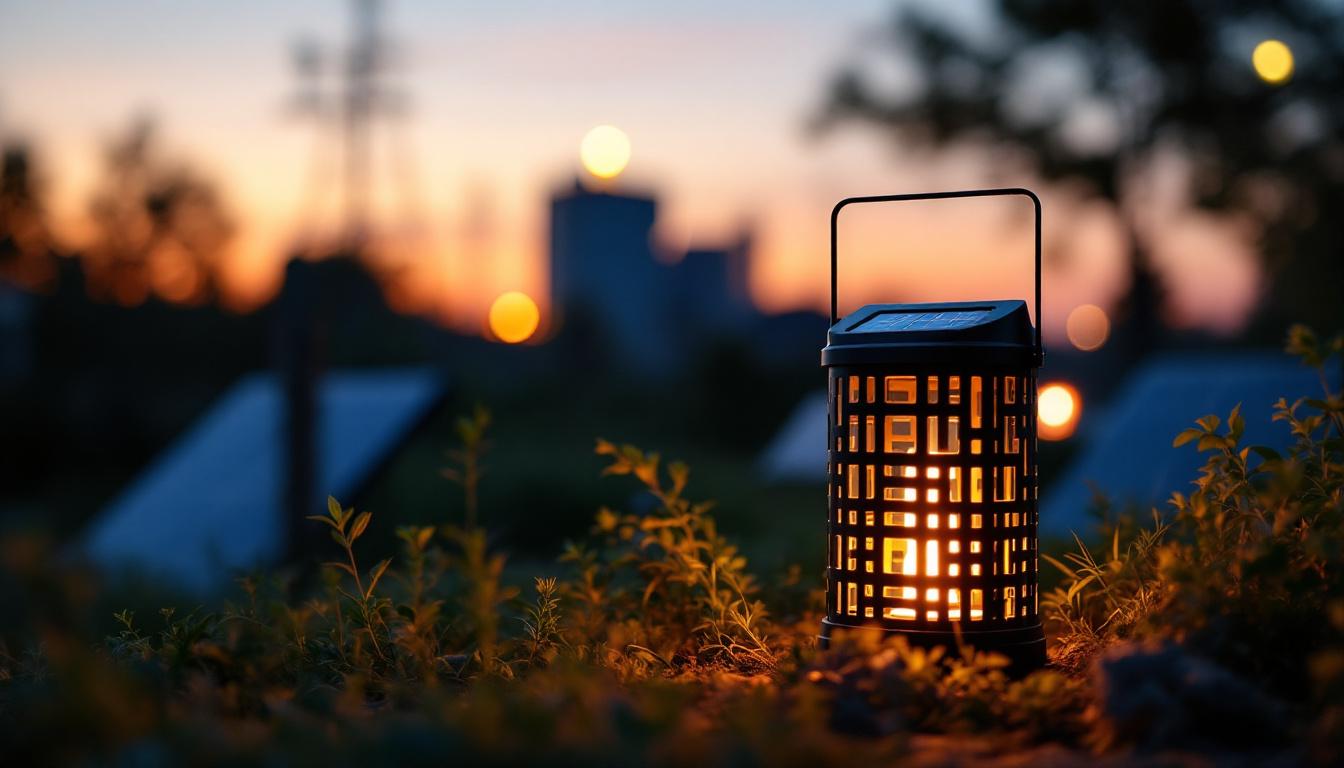A photograph of a sleek black solar lantern illuminated at dusk