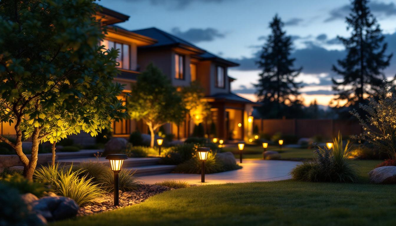 A photograph of a beautifully landscaped outdoor space illuminated by stylish solar yard lights at dusk