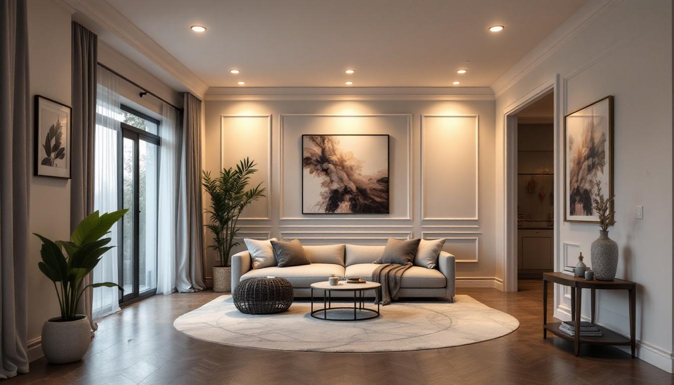 A photograph of a beautifully designed room showcasing 6-inch recessed lighting fixtures in action