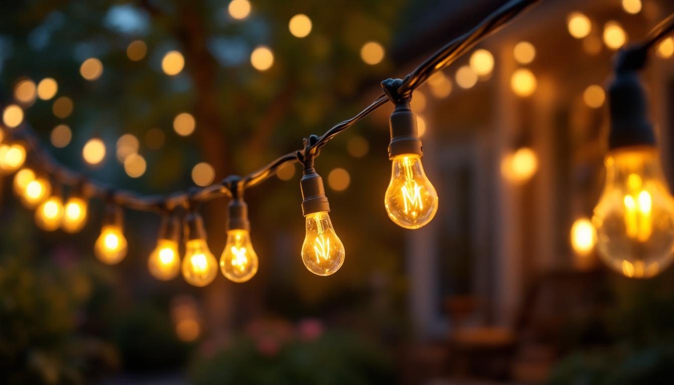 A photograph of a beautifully arranged set of commercial-grade string lights illuminated in a cozy outdoor setting