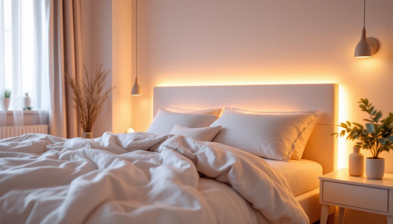 A photograph of a beautifully styled bedroom featuring soft