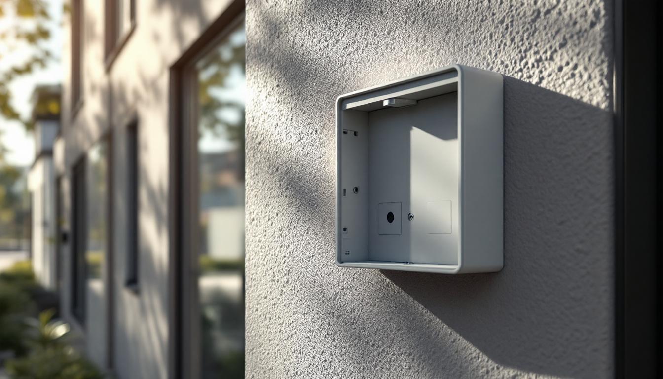 A photograph of a shallow exterior electrical box installed on a building facade