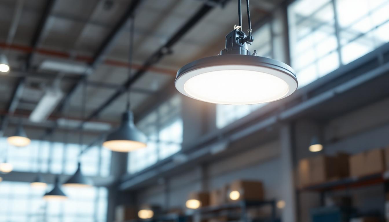 A photograph of a round led high bay light installed in a commercial setting