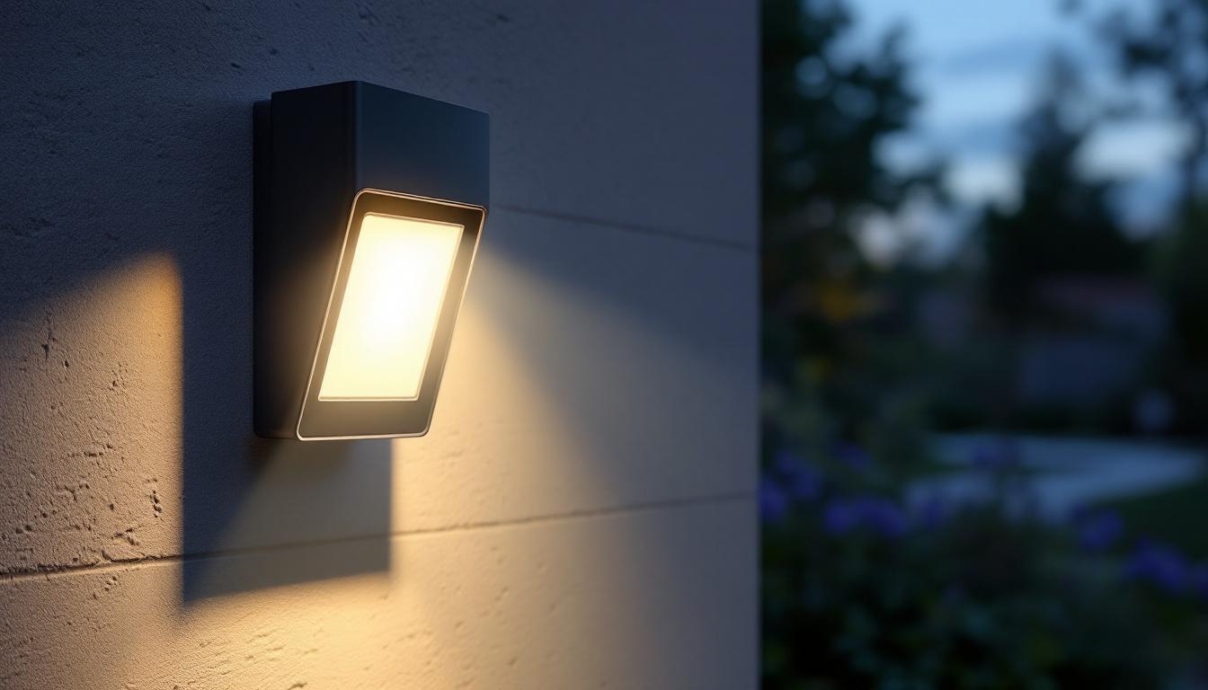 A photograph of a sleek led motion sensor floodlight installed in an outdoor setting