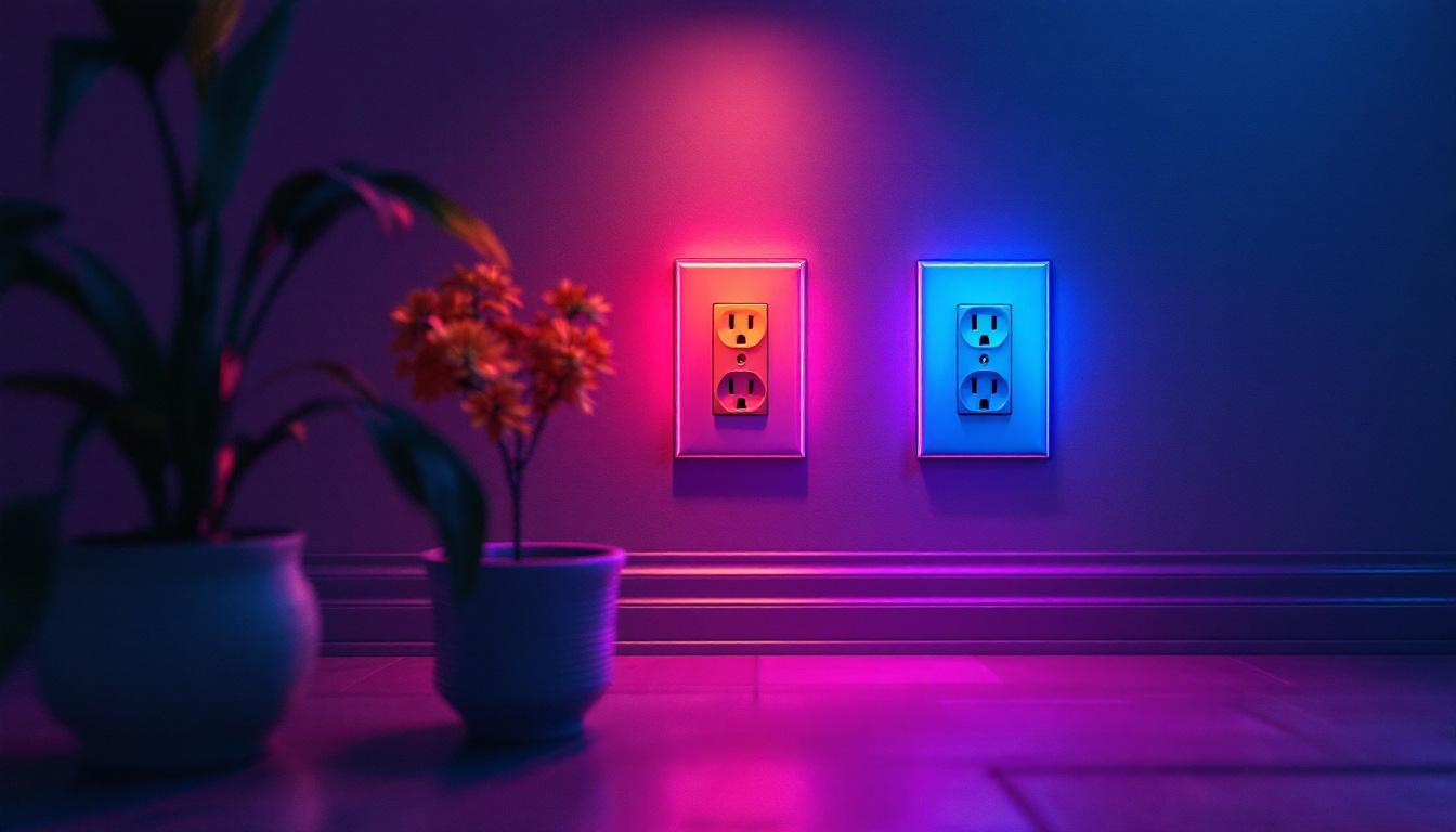 A photograph of a vibrant array of colored electrical outlets and covers in a stylishly designed room