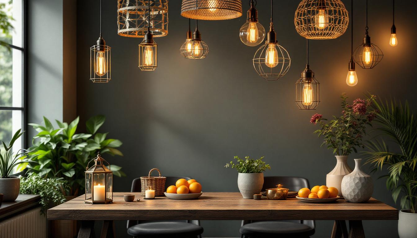A photograph of a beautifully arranged indoor setting featuring various styles of hanging lantern lights