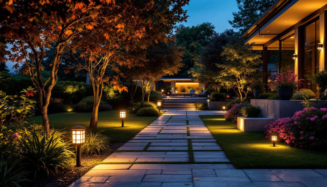 A photograph of a beautifully illuminated outdoor space featuring decorative flood lights