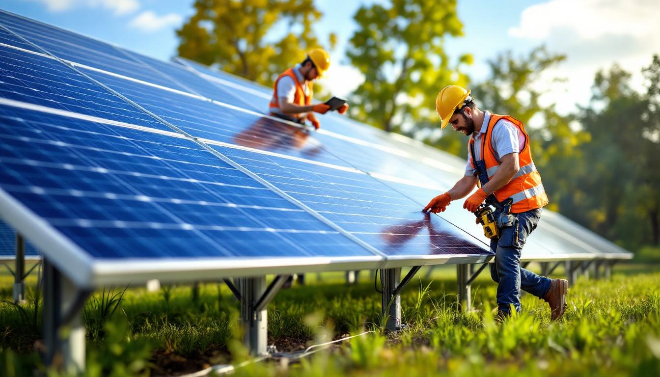 A photograph of a solar outdoor setup featuring electrical engineers actively engaged in the installation and testing of solar panels