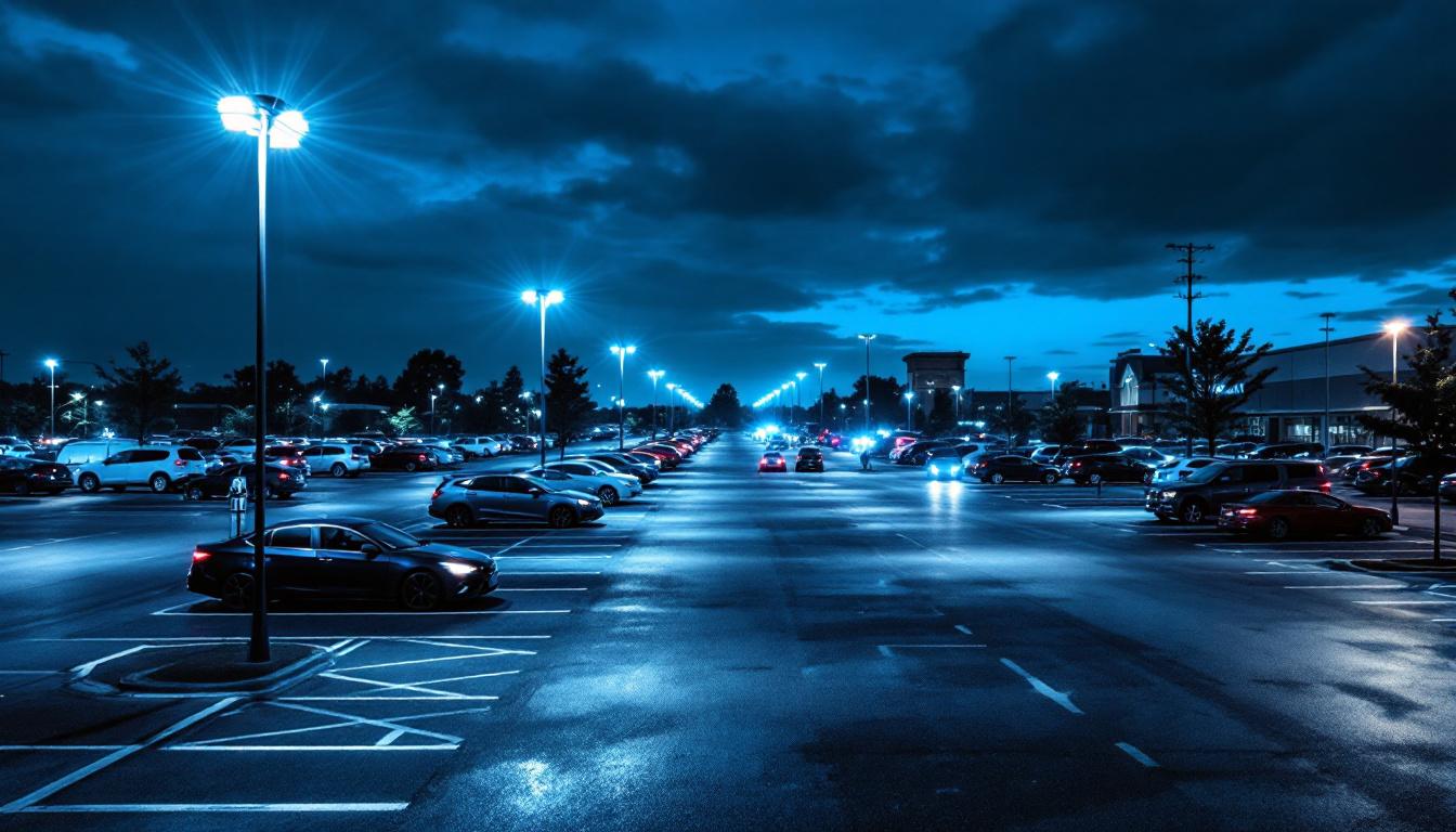 A photograph of a well-lit parking lot during dusk