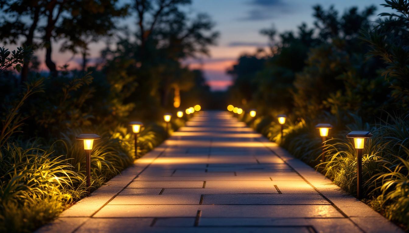 A photograph of a beautifully illuminated pathway at dusk