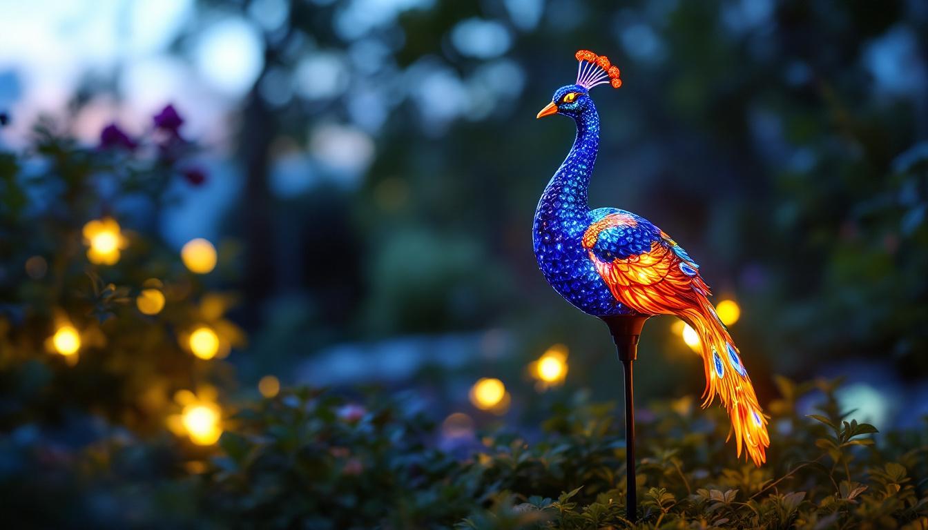 A photograph of a beautifully illuminated solar-powered peacock light in a garden setting at dusk