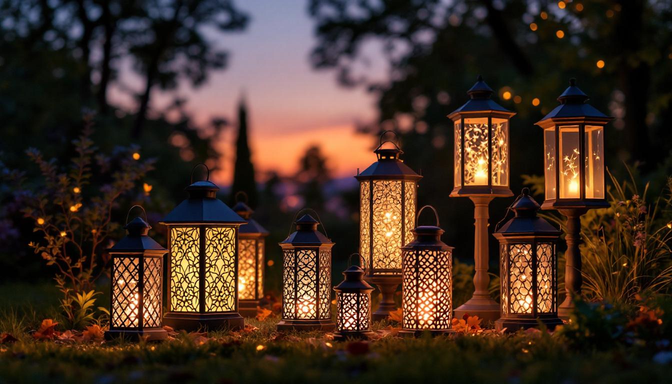 A photograph of a beautifully arranged display of various costco solar lanterns in an outdoor setting