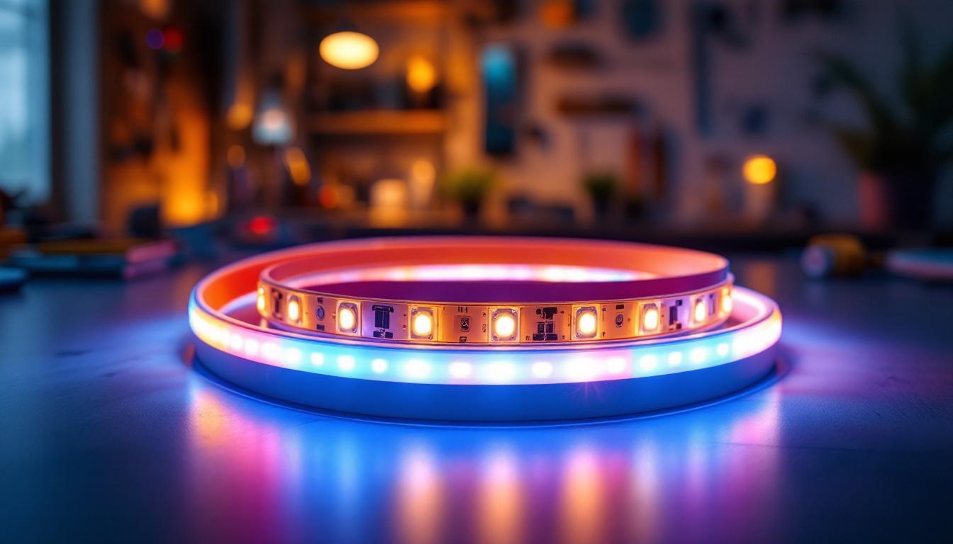 A photograph of a close-up shot of a vibrant led 3 light strip in a well-lit engineering workspace