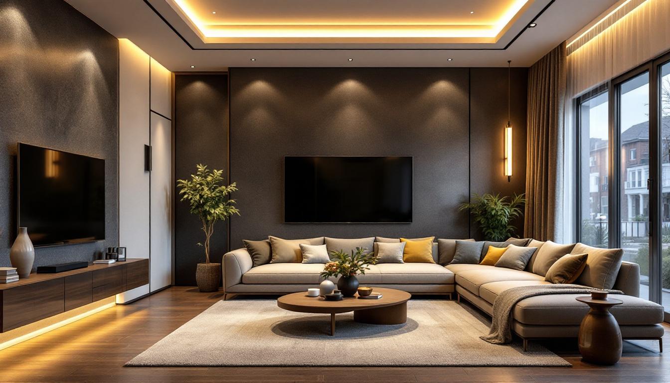A photograph of a beautifully designed living room featuring a variety of ceiling lighting options