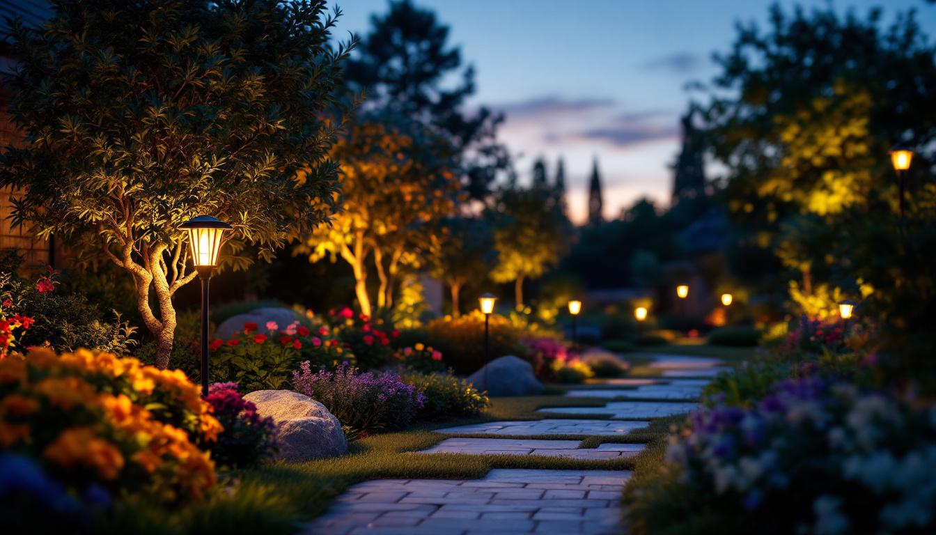 A photograph of a beautifully illuminated garden at dusk