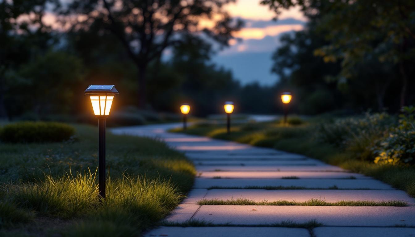A photograph of a well-lit outdoor scene showcasing solar sign lights illuminating a pathway or signage