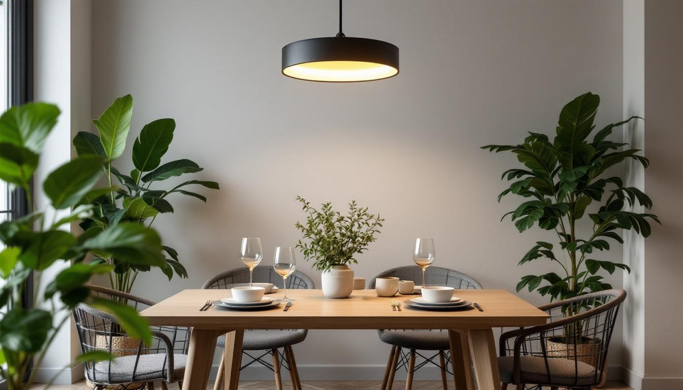A photograph of a stylish semi flush mount dining room light fixture illuminating a beautifully set dining table