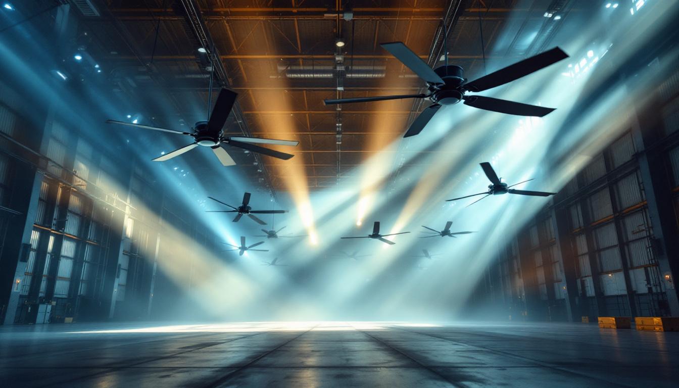 A photograph of a large industrial warehouse showcasing powerful ceiling fans in action